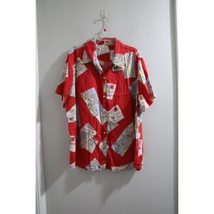 🔴FLAW- Liz Claiborne Silk Postcard‎ Print Button Up Shirt 1X Vintage